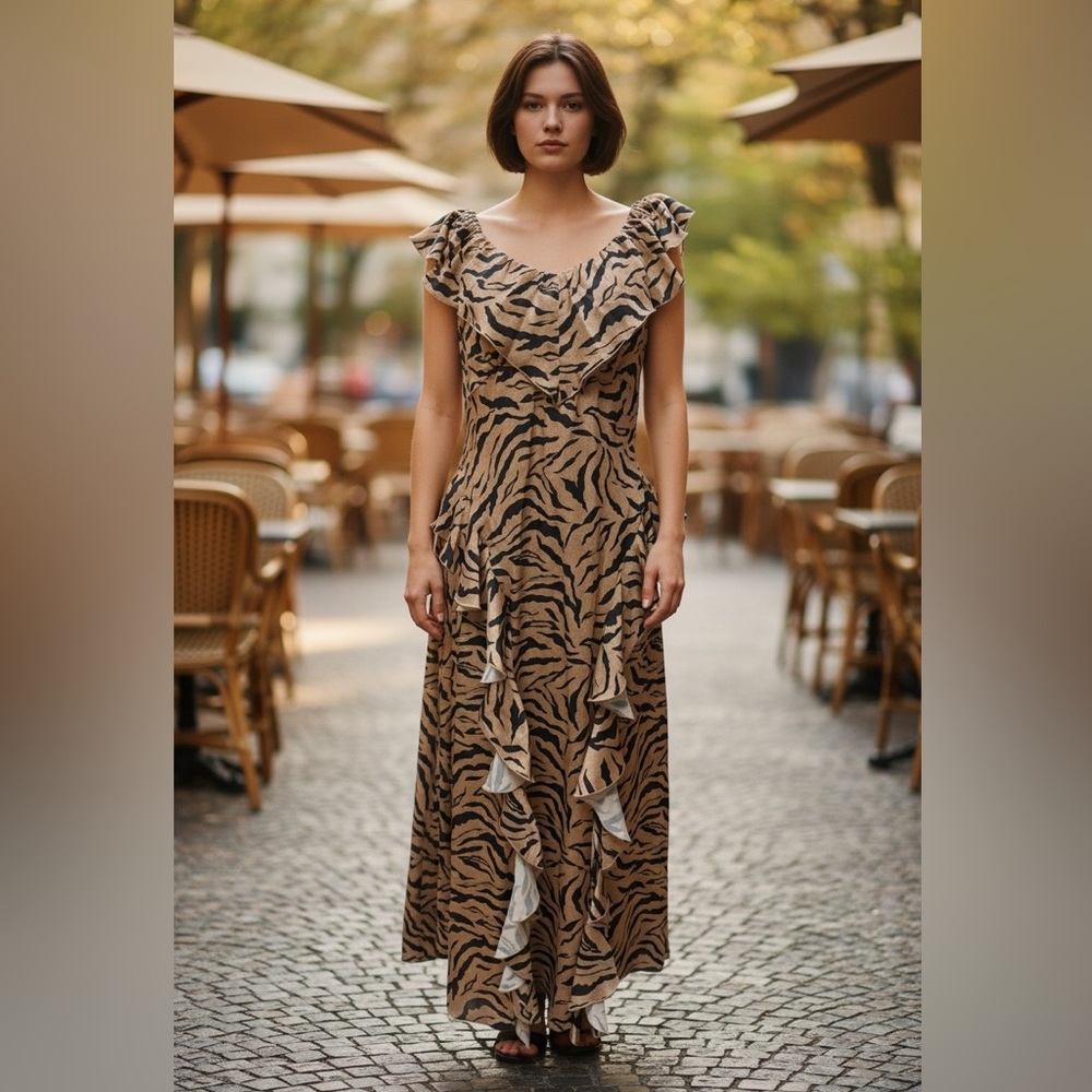 BCBG Tiger Print Ruffle Maxi Dress – Women’s Size 8 (Approx.)